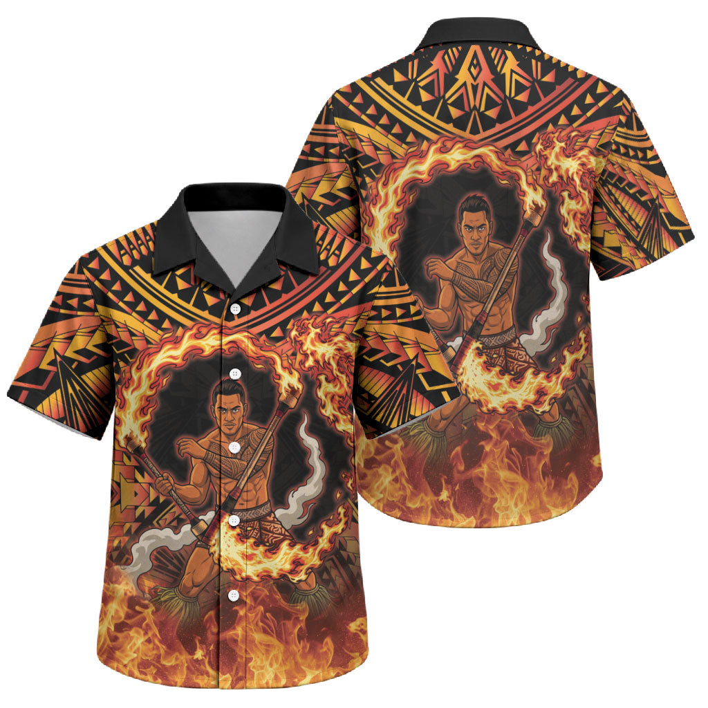 Samoa Siva Afi Dance Fireknife Family Matching Short Sleeve Bodycon Dress and Hawaiian Shirt Samoan Tribal Motif Dancing in the Fire