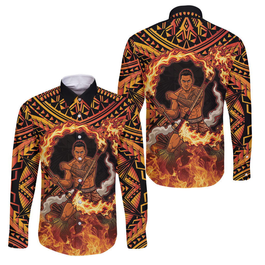 Samoa Siva Afi Dance Fireknife Family Matching Tank Maxi Dress and Hawaiian Shirt Samoan Tribal Motif Dancing in the Fire
