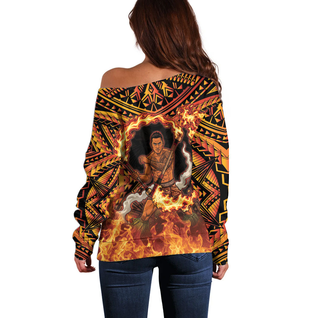 Samoa Siva Afi Dance Fireknife Off Shoulder Sweater Samoan Tribal Motif Dancing in the Fire