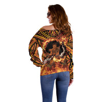 Samoa Siva Afi Dance Fireknife Off Shoulder Sweater Samoan Tribal Motif Dancing in the Fire