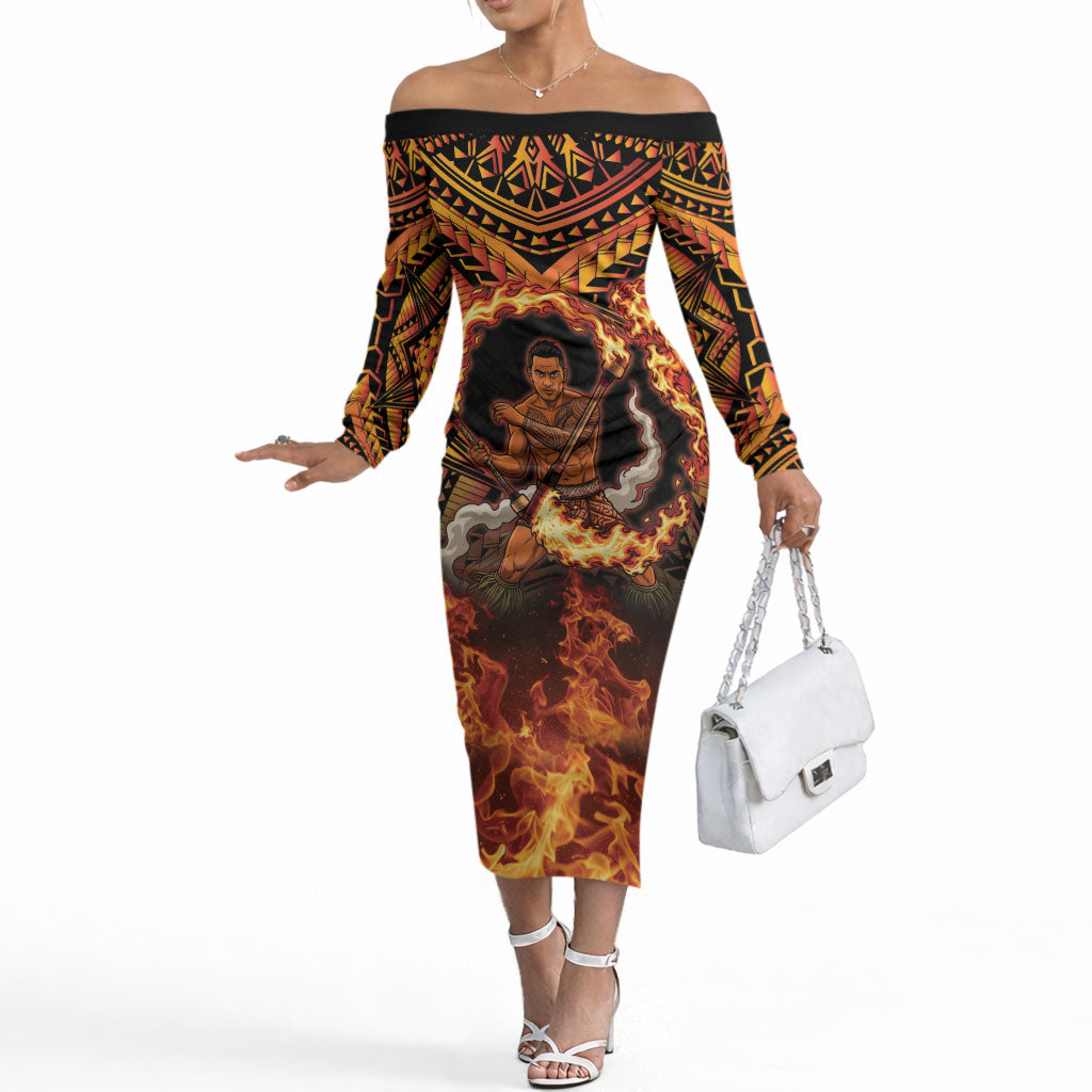 Samoa Siva Afi Dance Fireknife Off The Shoulder Long Sleeve Dress Samoan Tribal Motif Dancing in the Fire
