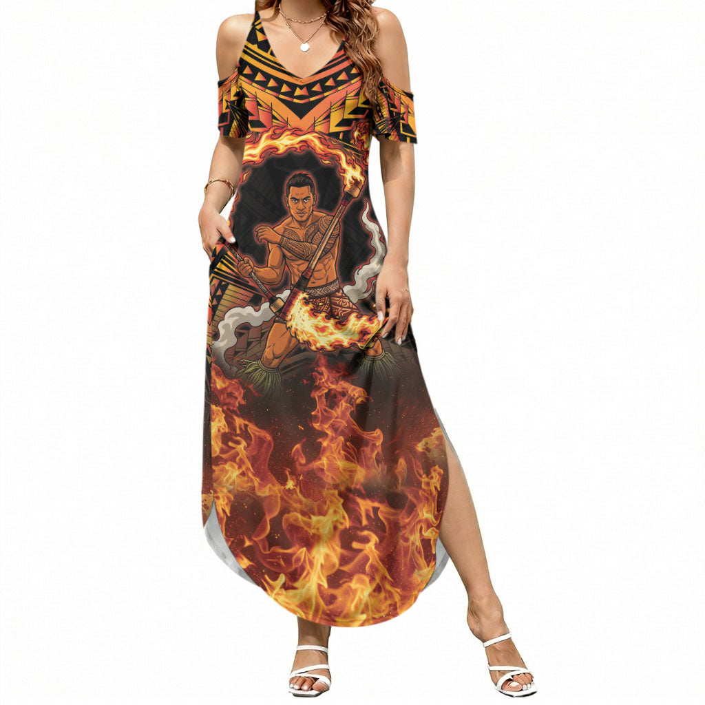 Samoa Siva Afi Dance Fireknife Summer Maxi Dress Samoan Tribal Motif Dancing in the Fire LT9 Women Red - Polynesian Pride