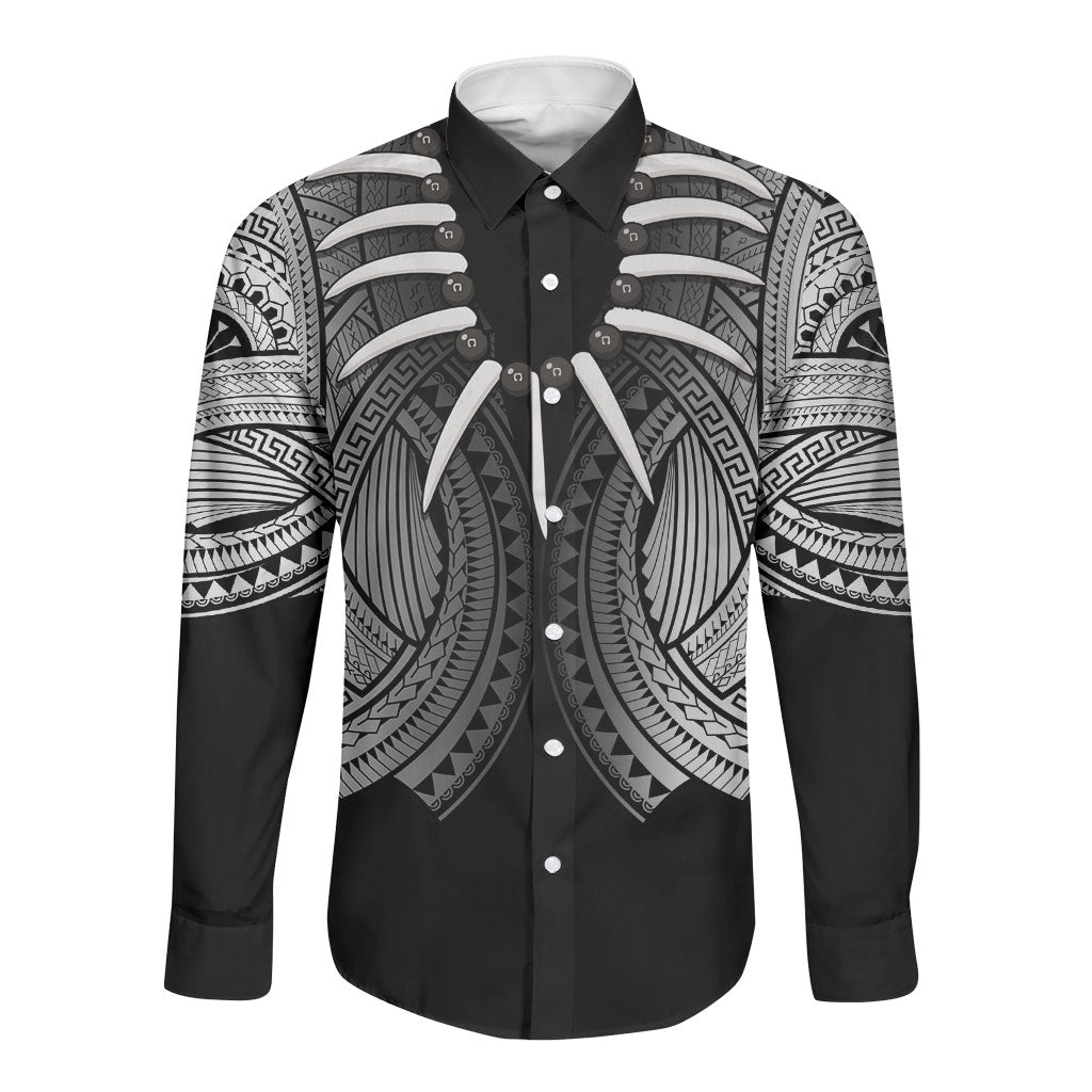 Samoan Ula Nifo Afi Tribal Long Sleeve Button Shirt Polynesian Pattern LT9 Unisex Black - Polynesian Pride