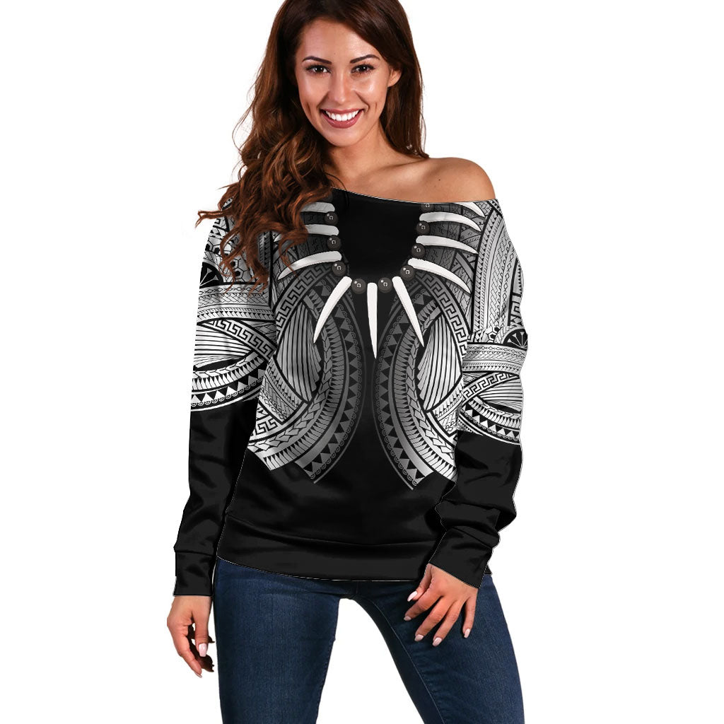 Samoan Ula Nifo Afi Tribal Off Shoulder Sweater Polynesian Pattern