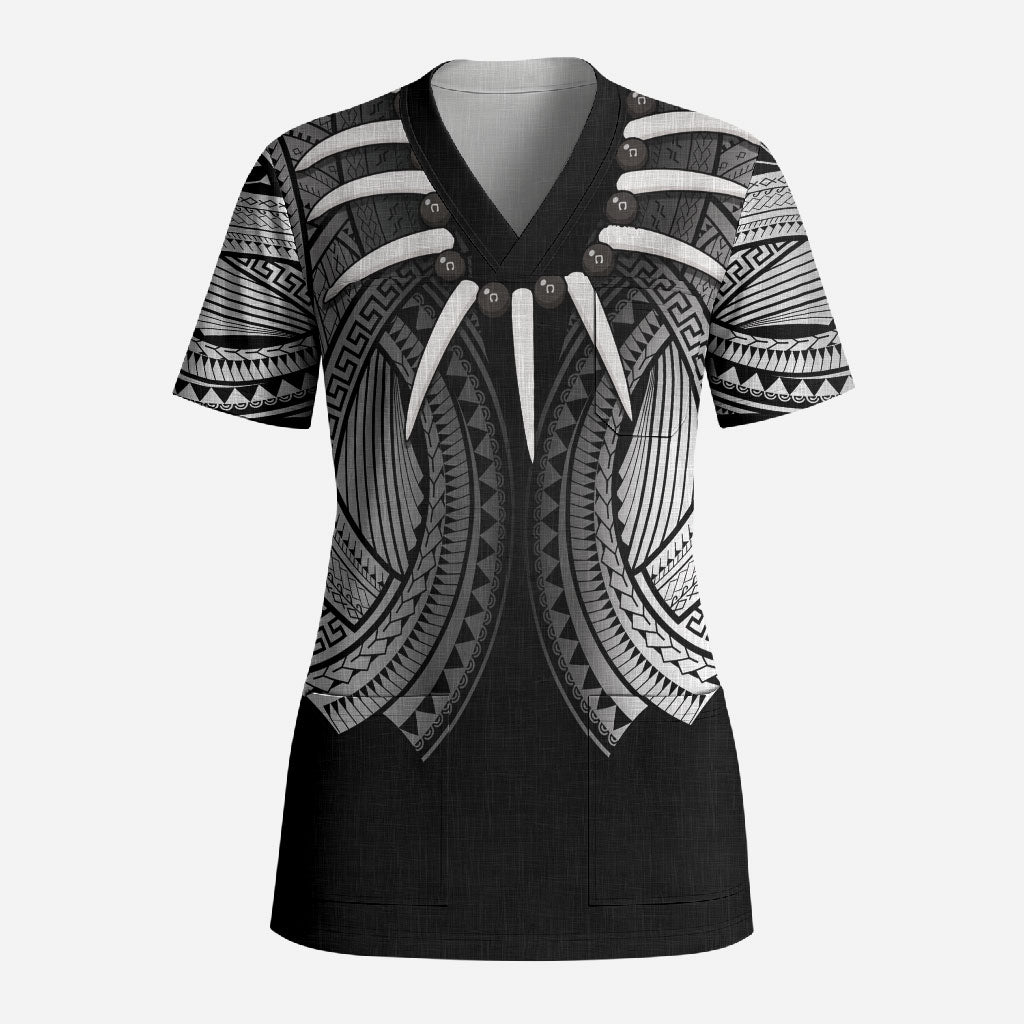 Samoan Ula Nifo Afi Tribal Scrub Top Polynesian Pattern LT9 Adult Black - Polynesian Pride
