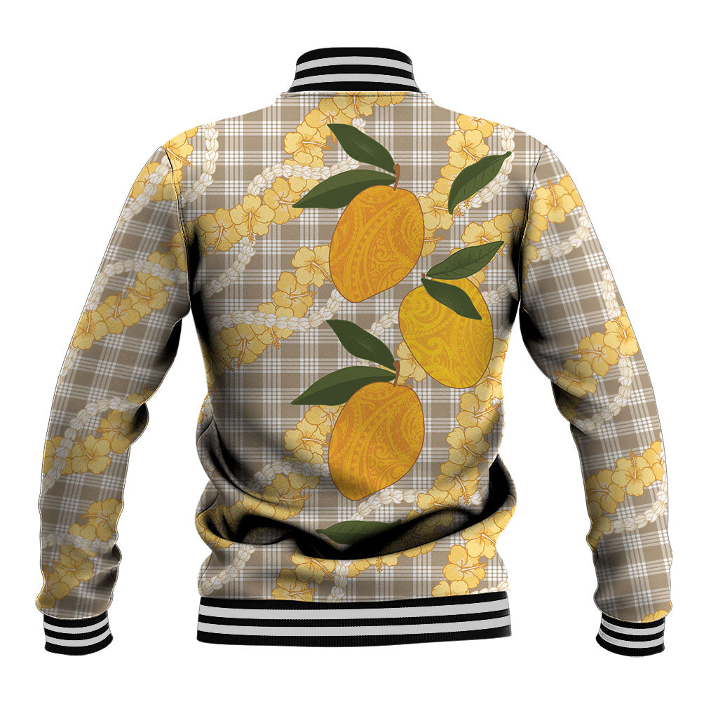 Maku'e Hawaiian Mango Palaka Baseball Jacket Aloha Hibiscus Pikake Lei