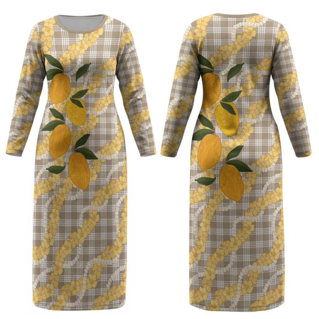 Maku'e Hawaiian Mango Palaka Couples Matching Long Sleeve Bodycon Dress and Hawaiian Shirt Aloha Hibiscus Pikake Lei