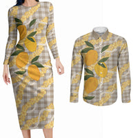 Maku'e Hawaiian Mango Palaka Couples Matching Long Sleeve Bodycon Dress and Long Sleeve Button Shirt Aloha Hibiscus Pikake Lei