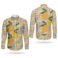 Maku'e Hawaiian Mango Palaka Couples Matching Long Sleeve Bodycon Dress and Long Sleeve Button Shirt Aloha Hibiscus Pikake Lei