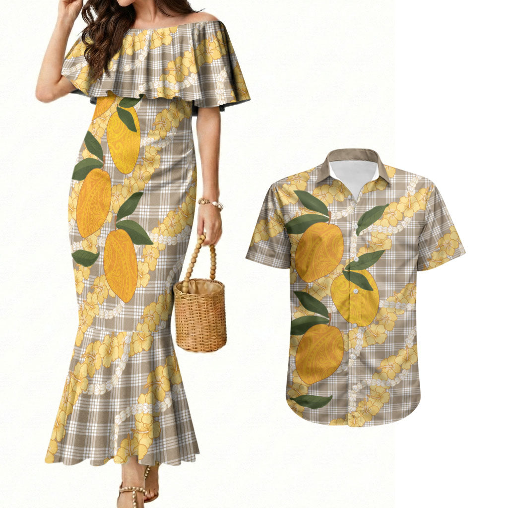 Maku'e Hawaiian Mango Palaka Couples Matching Mermaid Dress and Hawaiian Shirt Aloha Hibiscus Pikake Lei