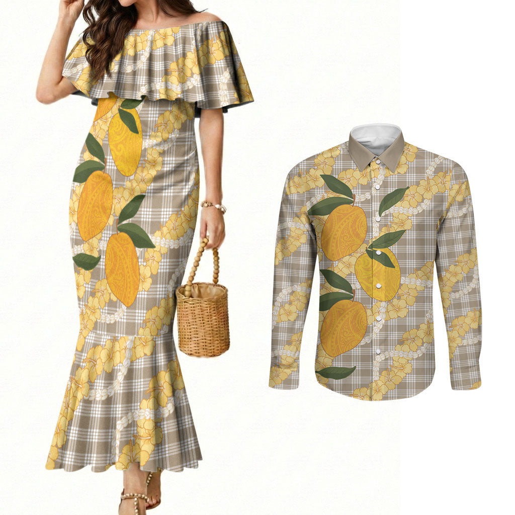 Maku'e Hawaiian Mango Palaka Couples Matching Mermaid Dress and Long Sleeve Button Shirt Aloha Hibiscus Pikake Lei
