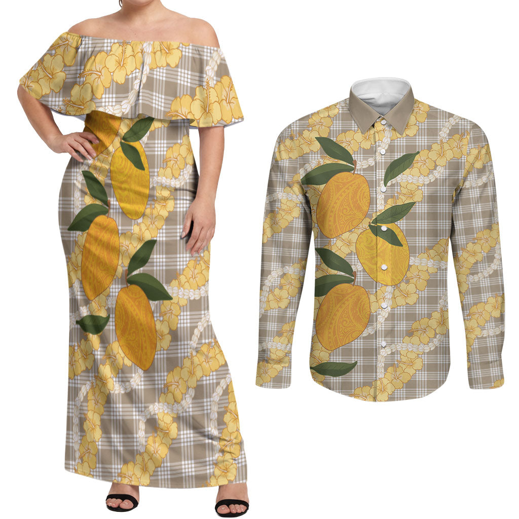 Maku'e Hawaiian Mango Palaka Couples Matching Off Shoulder Maxi Dress and Long Sleeve Button Shirt Aloha Hibiscus Pikake Lei