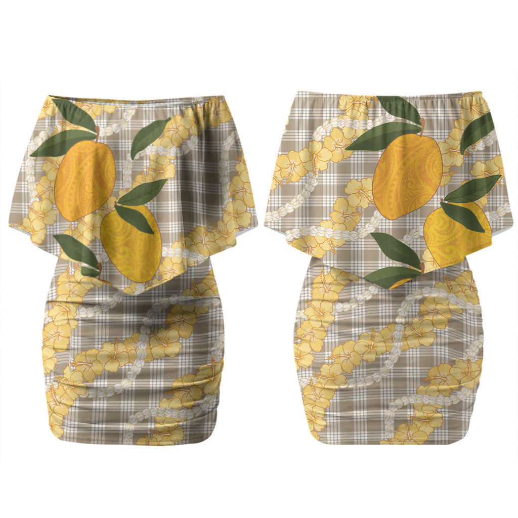 Maku'e Hawaiian Mango Palaka Couples Matching Off Shoulder Short Dress and Long Sleeve Button Shirt Aloha Hibiscus Pikake Lei