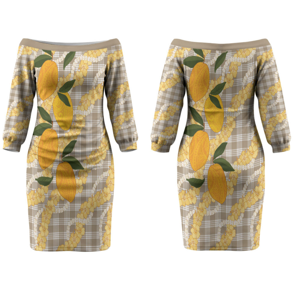 Maku'e Hawaiian Mango Palaka Couples Matching Off The Shoulder Long Sleeve Dress and Long Sleeve Button Shirt Aloha Hibiscus Pikake Lei