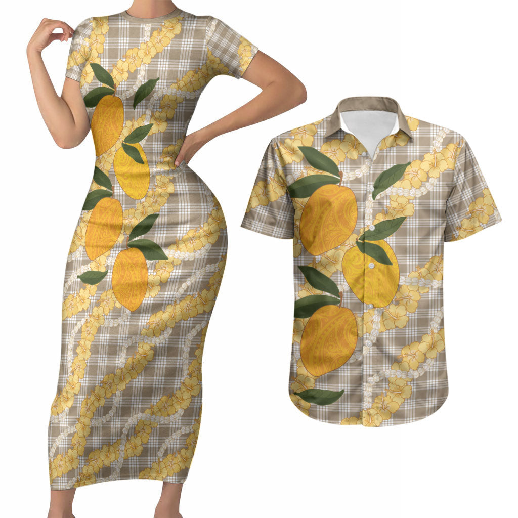 Maku'e Hawaiian Mango Palaka Couples Matching Short Sleeve Bodycon Dress and Hawaiian Shirt Aloha Hibiscus Pikake Lei