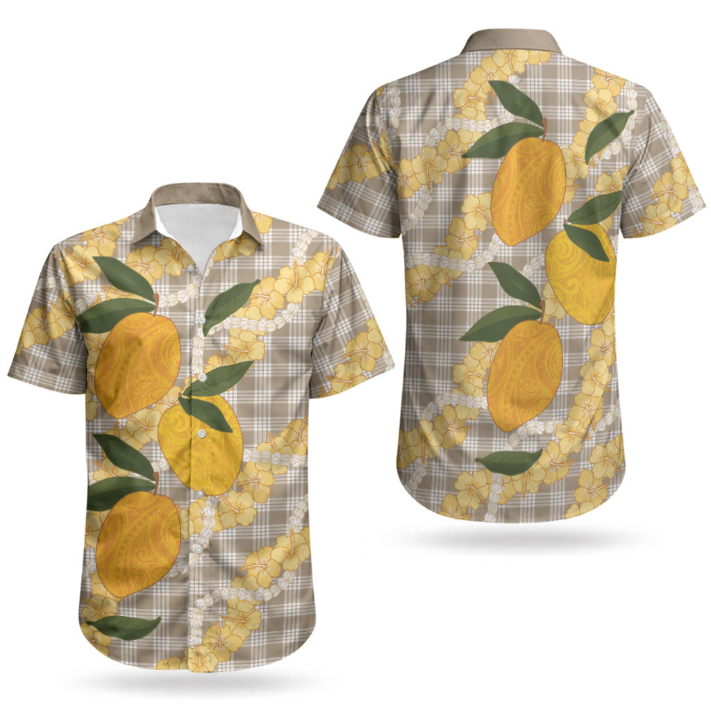 Maku'e Hawaiian Mango Palaka Couples Matching Short Sleeve Bodycon Dress and Hawaiian Shirt Aloha Hibiscus Pikake Lei