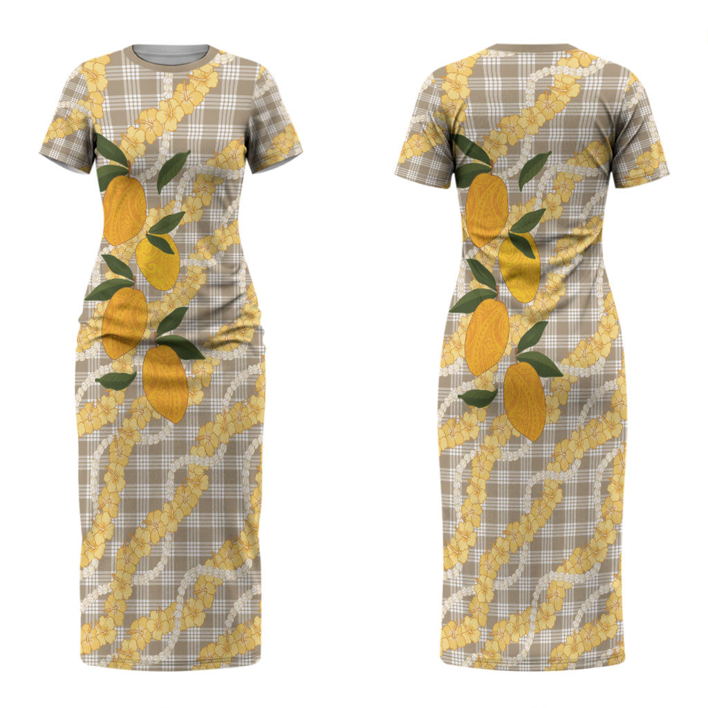 Maku'e Hawaiian Mango Palaka Couples Matching Short Sleeve Bodycon Dress and Long Sleeve Button Shirt Aloha Hibiscus Pikake Lei