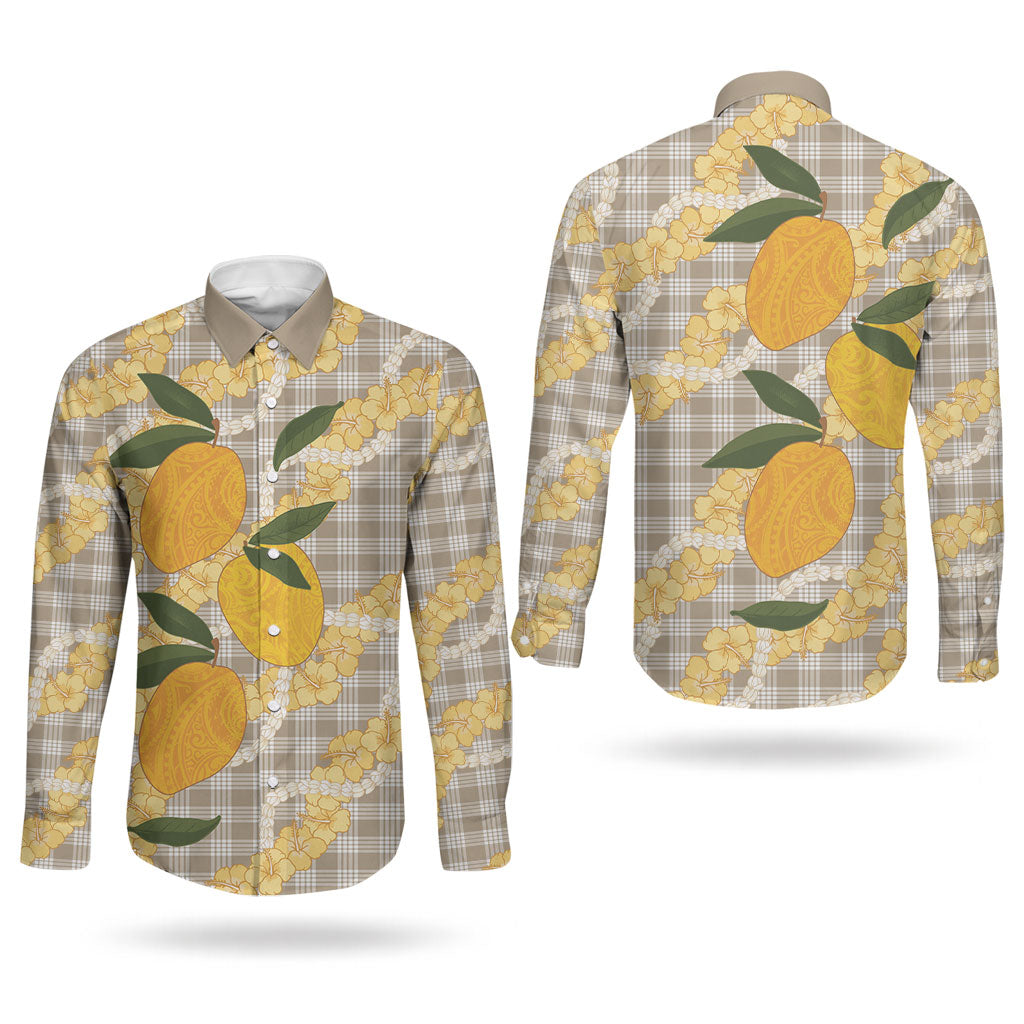 Maku'e Hawaiian Mango Palaka Couples Matching Summer Maxi Dress and Long Sleeve Button Shirt Aloha Hibiscus Pikake Lei