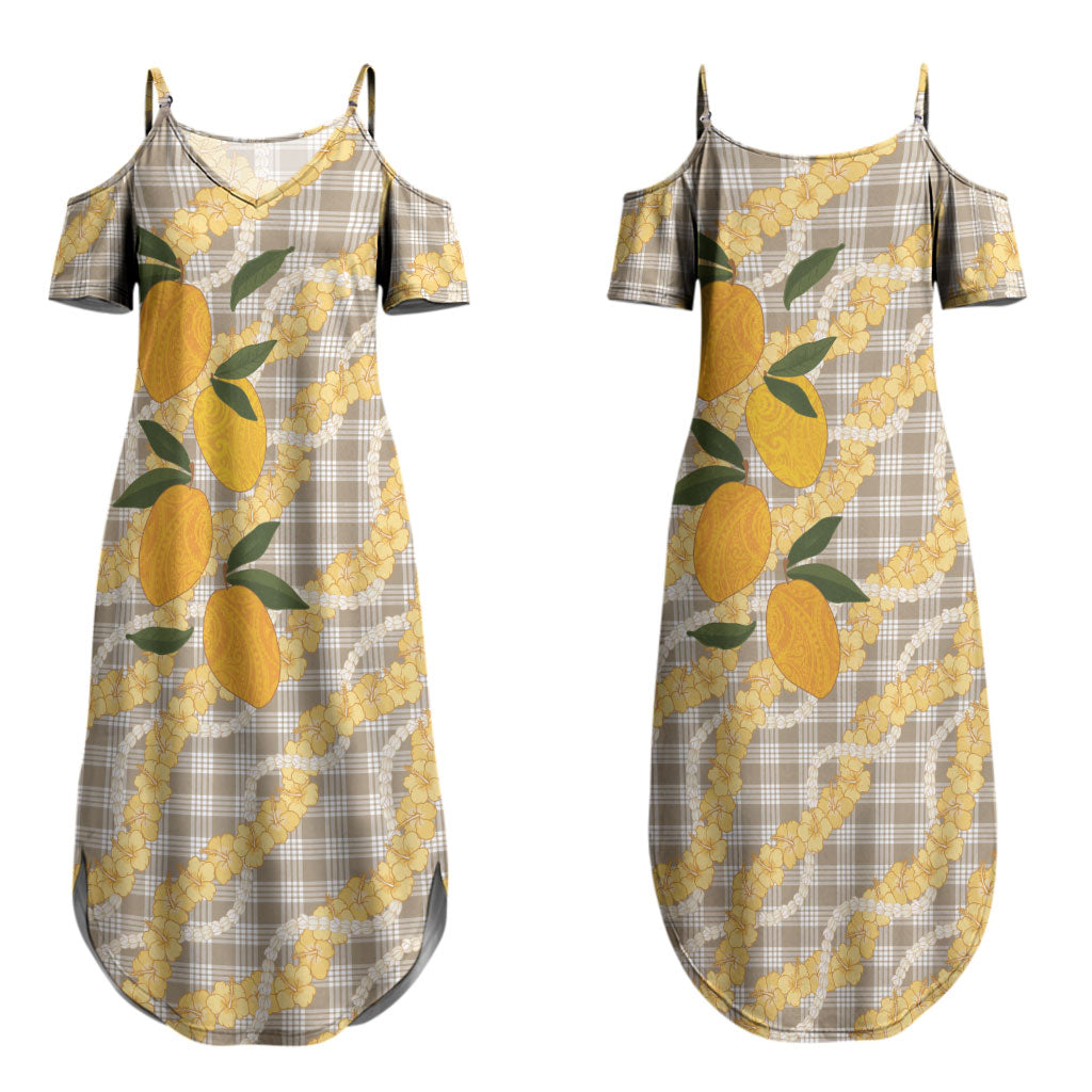 Maku'e Hawaiian Mango Palaka Couples Matching Summer Maxi Dress and Long Sleeve Button Shirt Aloha Hibiscus Pikake Lei