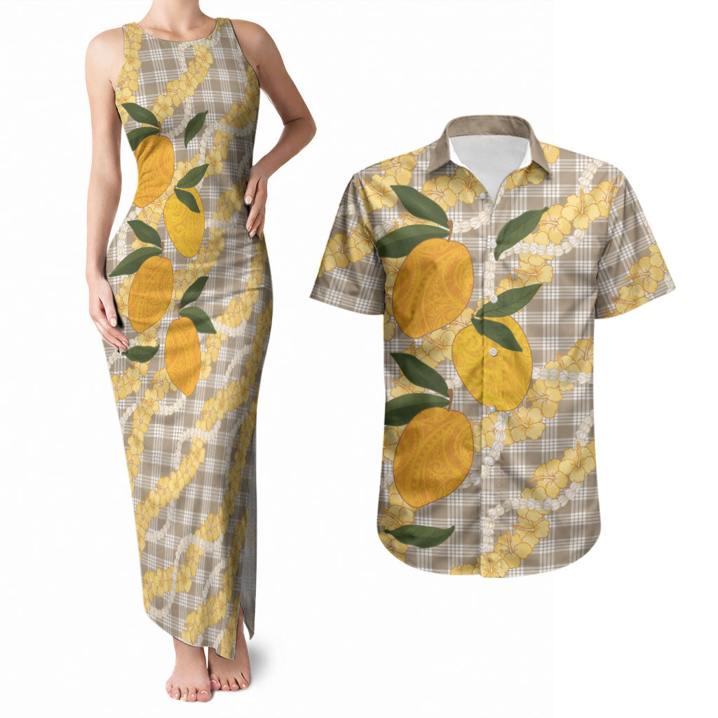 Maku'e Hawaiian Mango Palaka Couples Matching Tank Maxi Dress and Hawaiian Shirt Aloha Hibiscus Pikake Lei