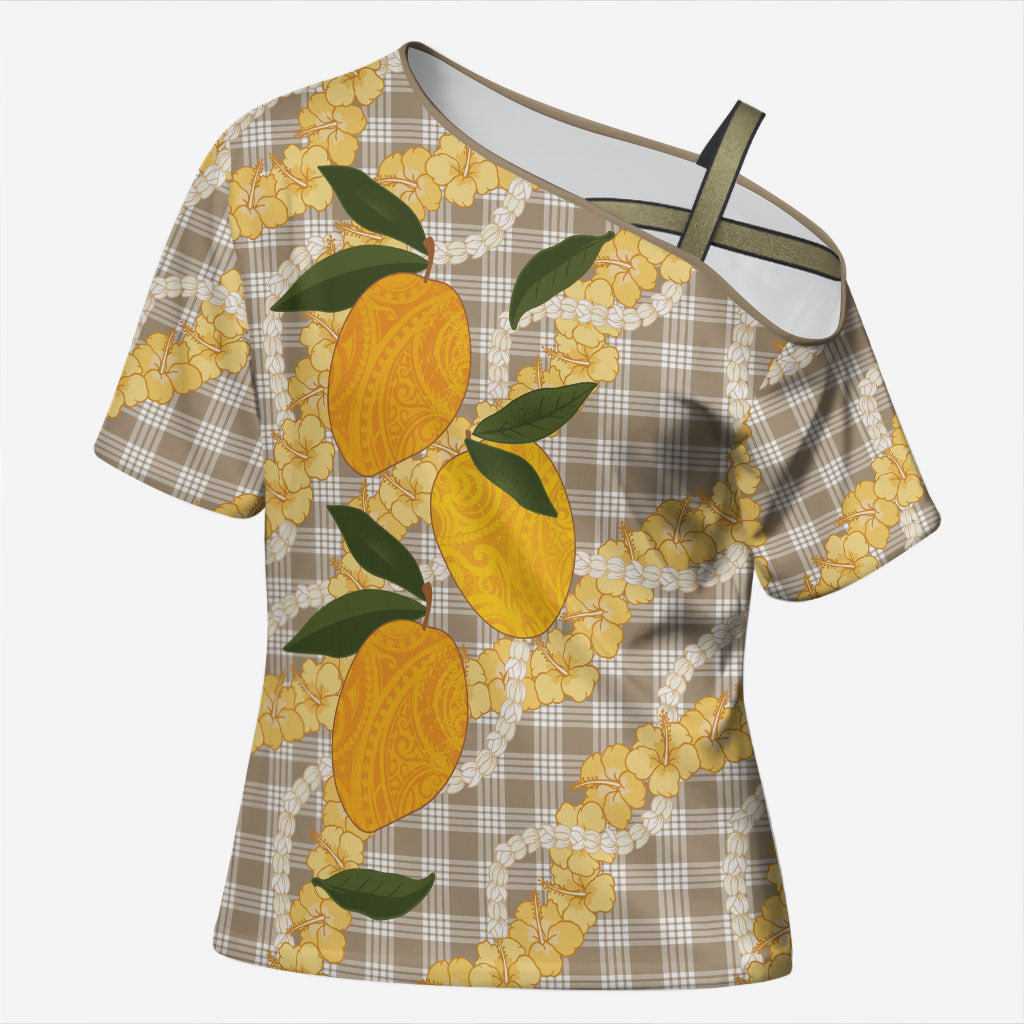 Maku'e Hawaiian Mango Palaka Cross Shoulder Shirt Aloha Hibiscus Pikake Lei