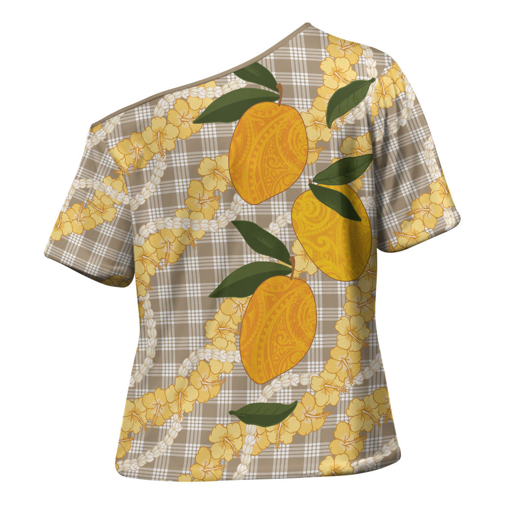 Maku'e Hawaiian Mango Palaka Cross Shoulder Shirt Aloha Hibiscus Pikake Lei