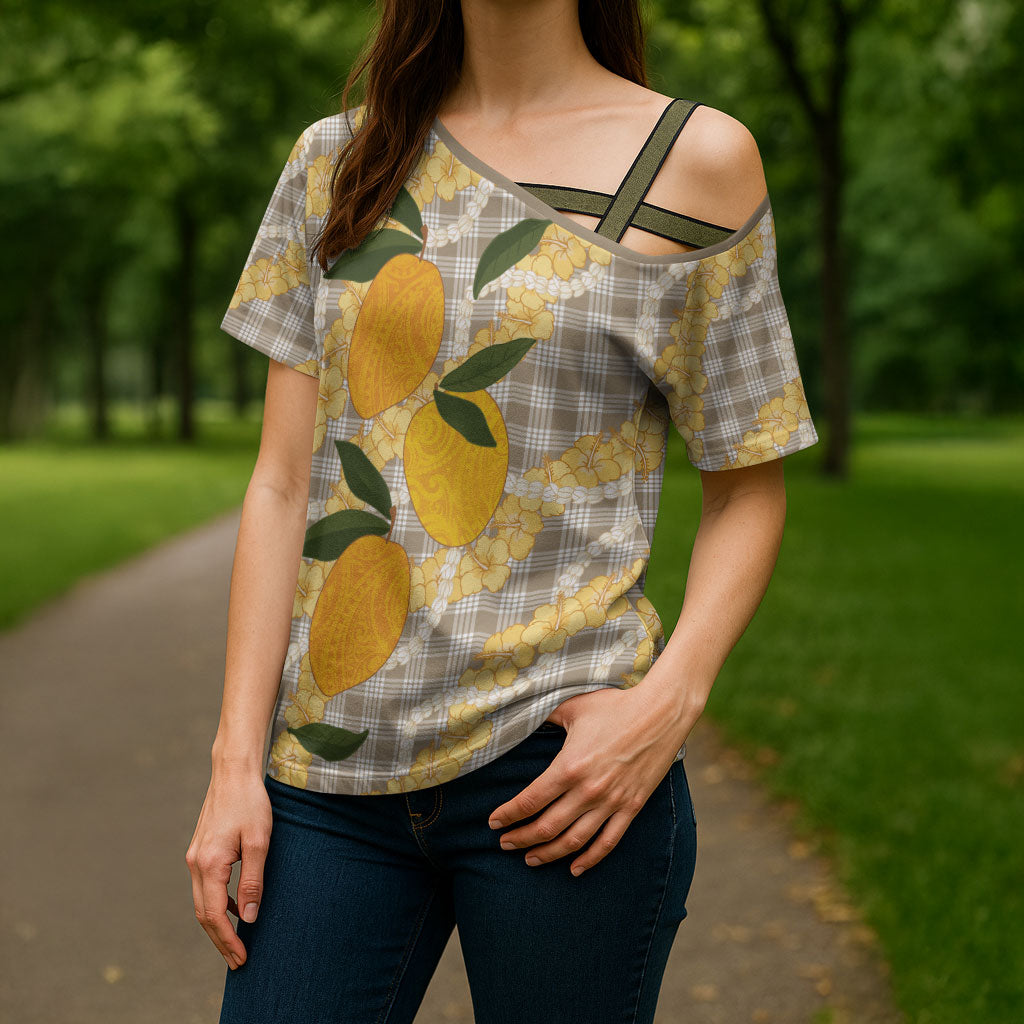 Maku'e Hawaiian Mango Palaka Cross Shoulder Shirt Aloha Hibiscus Pikake Lei