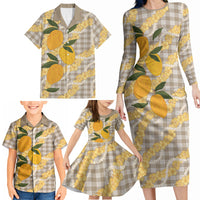 Maku'e Hawaiian Mango Palaka Family Matching Long Sleeve Bodycon Dress and Hawaiian Shirt Aloha Hibiscus Pikake Lei
