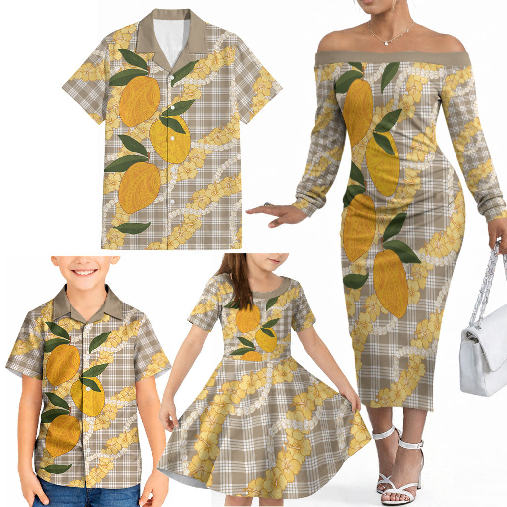 Maku'e Hawaiian Mango Palaka Family Matching Off The Shoulder Long Sleeve Dress and Hawaiian Shirt Aloha Hibiscus Pikake Lei