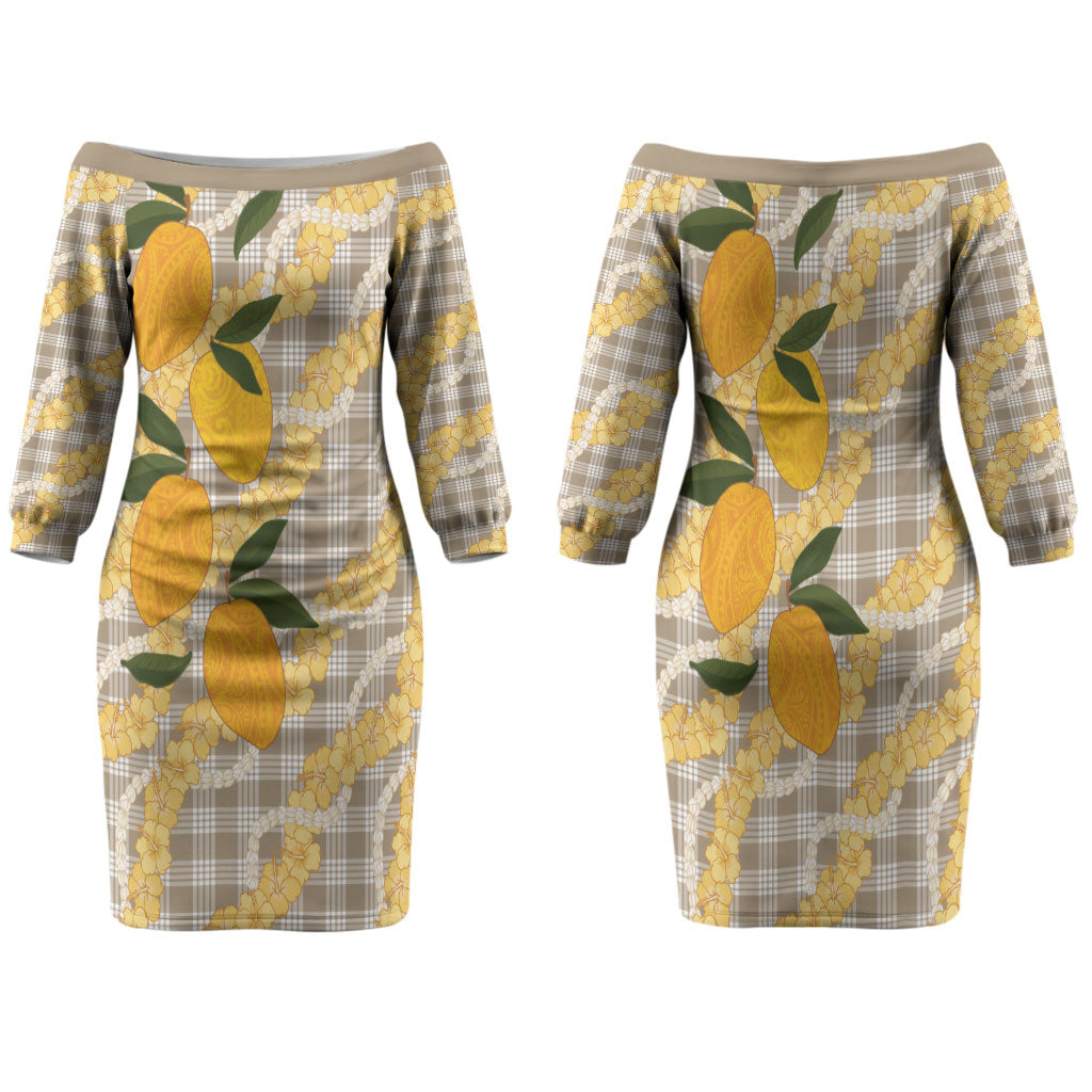 Maku'e Hawaiian Mango Palaka Family Matching Off The Shoulder Long Sleeve Dress and Hawaiian Shirt Aloha Hibiscus Pikake Lei