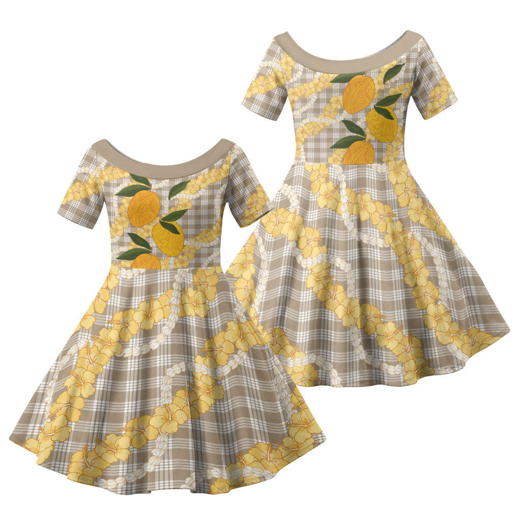 Maku'e Hawaiian Mango Palaka Family Matching Off The Shoulder Long Sleeve Dress and Hawaiian Shirt Aloha Hibiscus Pikake Lei