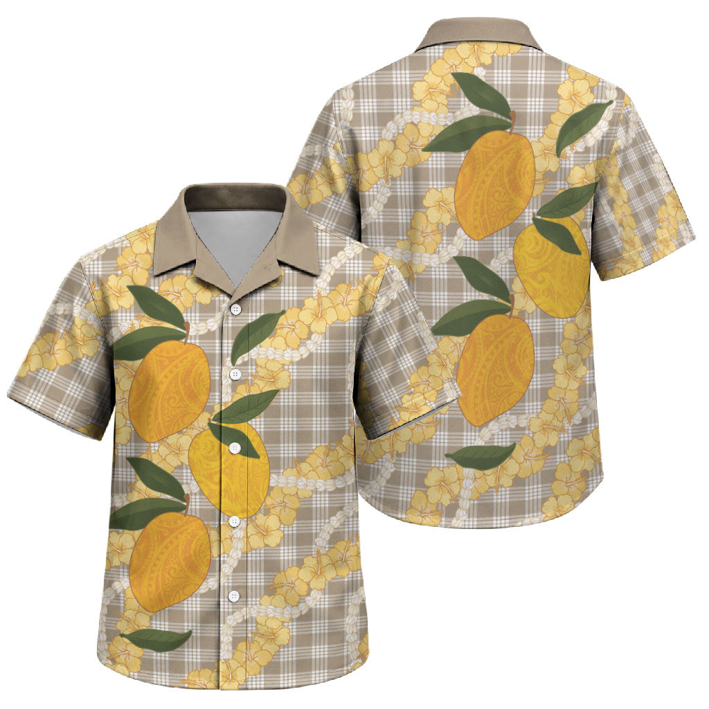 Maku'e Hawaiian Mango Palaka Family Matching Off The Shoulder Long Sleeve Dress and Hawaiian Shirt Aloha Hibiscus Pikake Lei