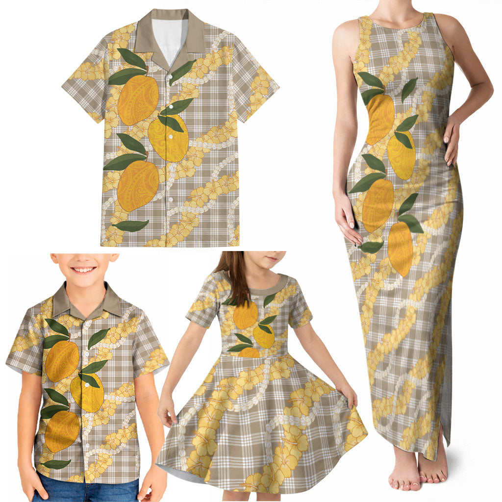 Maku'e Hawaiian Mango Palaka Family Matching Tank Maxi Dress and Hawaiian Shirt Aloha Hibiscus Pikake Lei