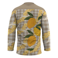 Maku'e Hawaiian Mango Palaka Hockey Jersey Aloha Hibiscus Pikake Lei