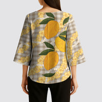 Maku'e Hawaiian Mango Palaka Kimono Sleeve Blouse Aloha Hibiscus Pikake Lei