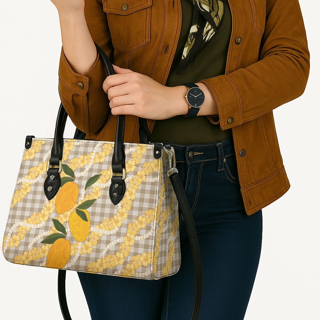 Maku'e Hawaiian Mango Palaka Leather Bag Aloha Hibiscus Pikake Lei