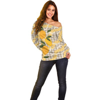 Maku'e Hawaiian Mango Palaka Off Shoulder Sweater Aloha Hibiscus Pikake Lei