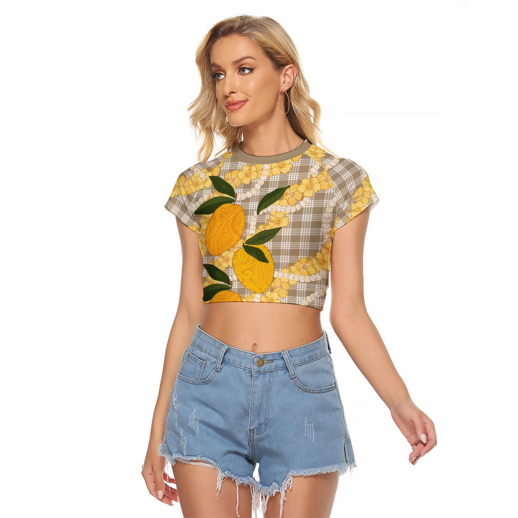 Maku'e Hawaiian Mango Palaka Raglan Cropped T Shirt Aloha Hibiscus Pikake Lei