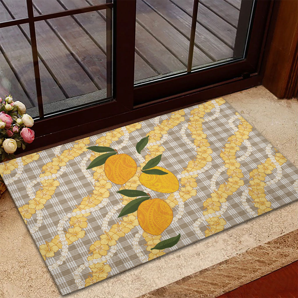 Maku'e Hawaiian Mango Palaka Rubber Doormat Aloha Hibiscus Pikake Lei