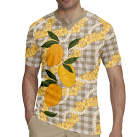 Maku'e Hawaiian Mango Palaka Rugby Jersey Aloha Hibiscus Pikake Lei