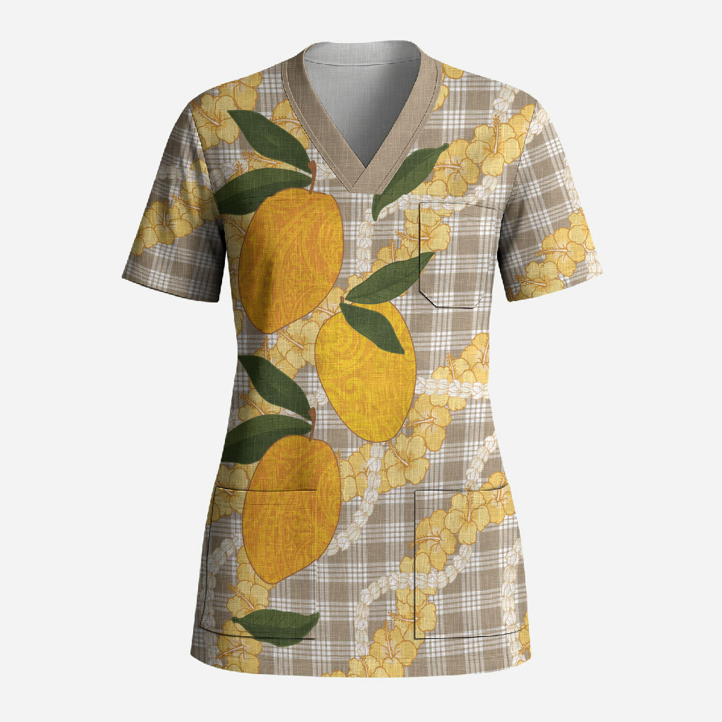 Maku'e Hawaiian Mango Palaka Scrub Top Aloha Hibiscus Pikake Lei