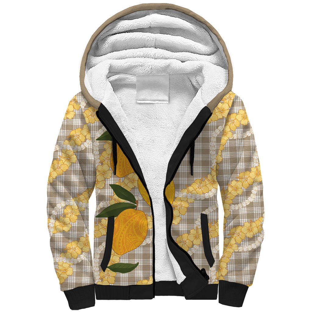 Maku'e Hawaiian Mango Palaka Sherpa Hoodie Aloha Hibiscus Pikake Lei