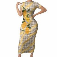 Maku'e Hawaiian Mango Palaka Short Sleeve Bodycon Dress Aloha Hibiscus Pikake Lei
