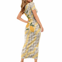 Maku'e Hawaiian Mango Palaka Short Sleeve Bodycon Dress Aloha Hibiscus Pikake Lei