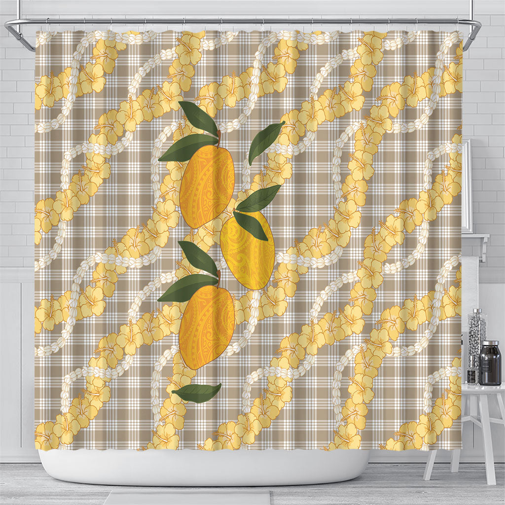 Maku'e Hawaiian Mango Palaka Shower Curtain Aloha Hibiscus Pikake Lei