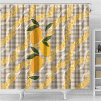 Maku'e Hawaiian Mango Palaka Shower Curtain Aloha Hibiscus Pikake Lei