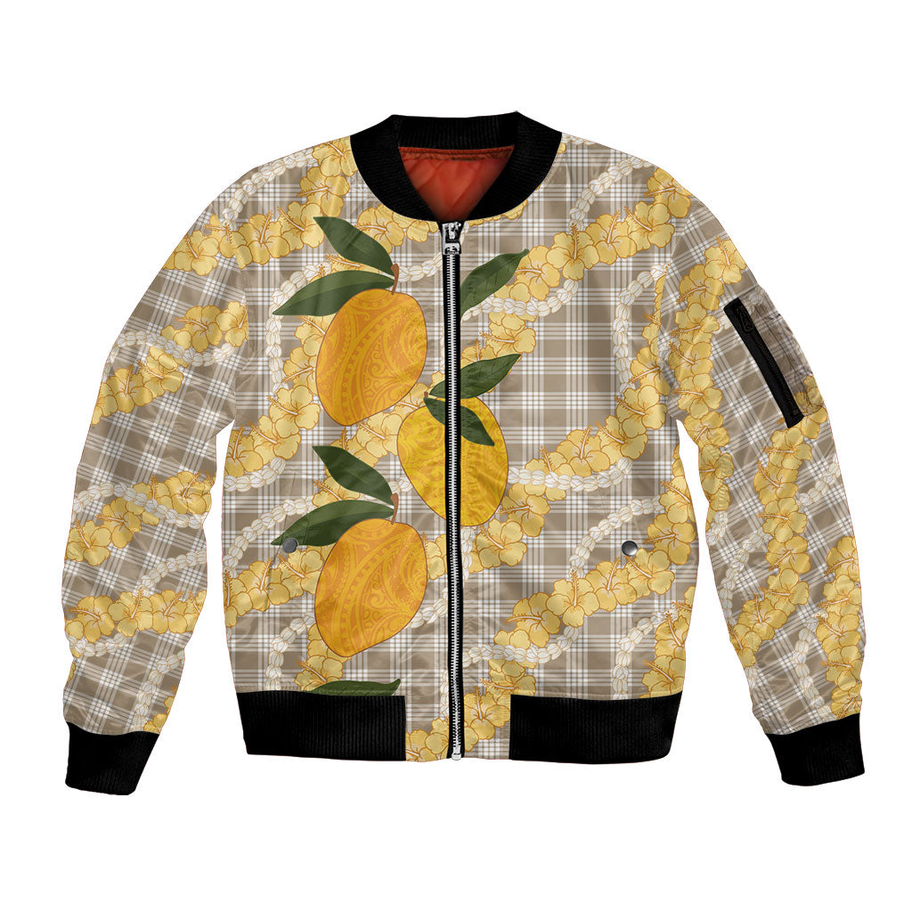 Maku'e Hawaiian Mango Palaka Sleeve Zip Bomber Jacket Aloha Hibiscus Pikake Lei