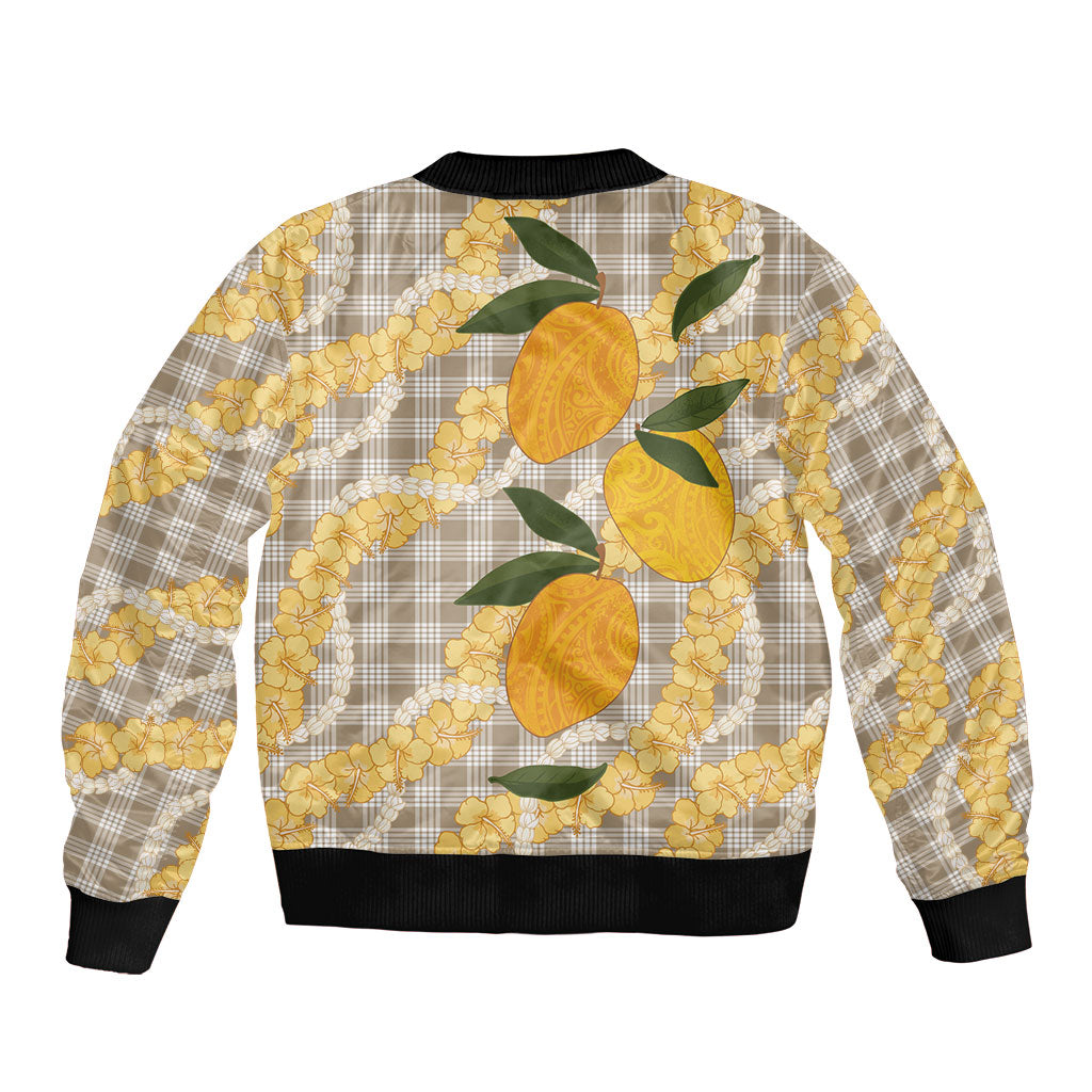 Maku'e Hawaiian Mango Palaka Sleeve Zip Bomber Jacket Aloha Hibiscus Pikake Lei