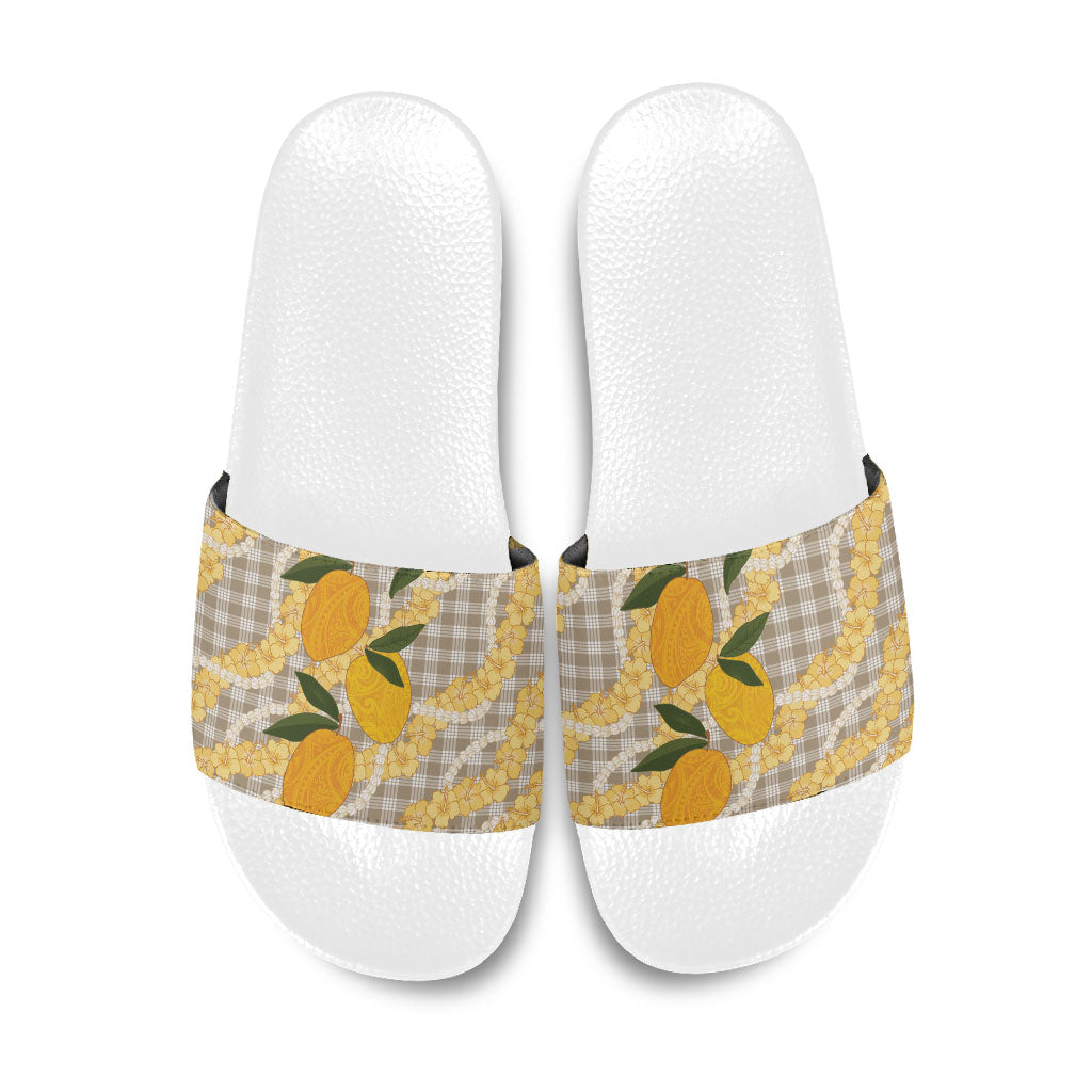 Maku'e Hawaiian Mango Palaka Slide Sandals Aloha Hibiscus Pikake Lei