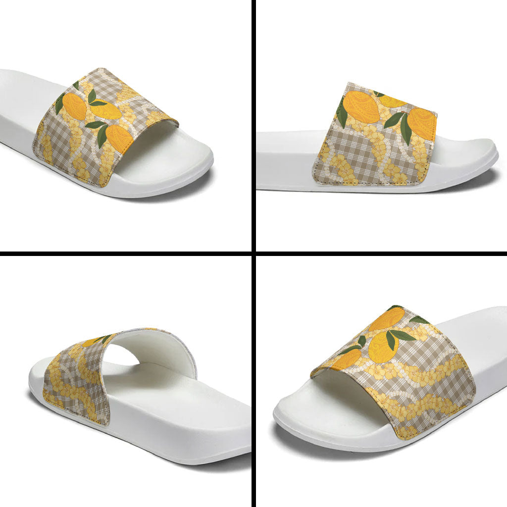 Maku'e Hawaiian Mango Palaka Slide Sandals Aloha Hibiscus Pikake Lei